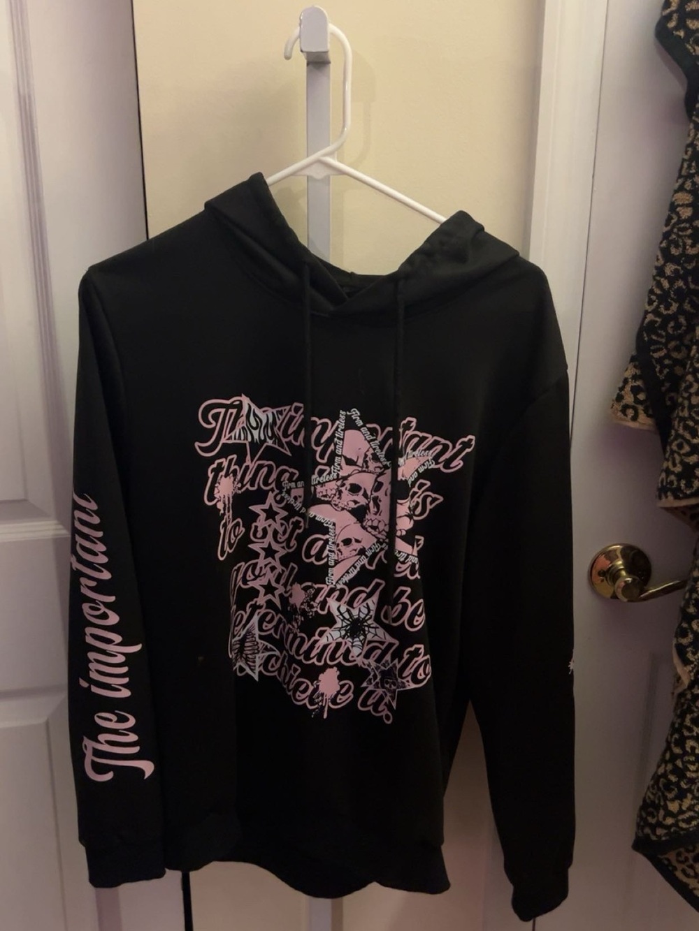 ROMWE Black Hoodie Sweater with Pink Graphic and Sleeve Script